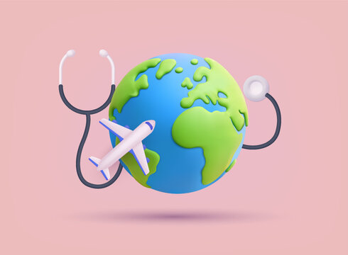 3D illustration of world travel and healthcare — globe with airplane and stethoscope. Great for medical tourism and global health themes. 3D Web Vector Illustration.