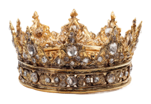 Royal golden crown displayed in elegant jewelry artistic view isolated on transparent background, png