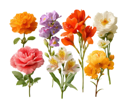 Colorful floral arrangement botanical bright and cheerful vibes isolated on transparent background, png