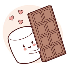 A cute cartoon marshmallow hugging a chocolate bar with hearts