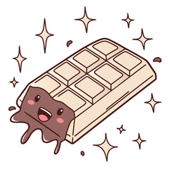 A cute melting chocolate bar with a happy face and sparkling stars