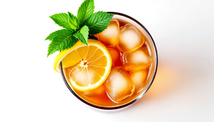 A close-up, high-angle shot captures the top portion of a clear glass filled with iced tea