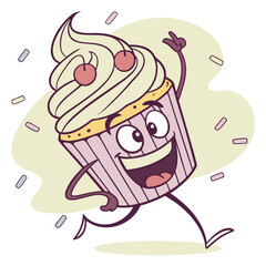 A cheerful cupcake character runs with a big smile and sprinkles