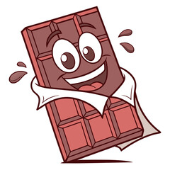 A happy cartoon chocolate bar character unwrapping itself