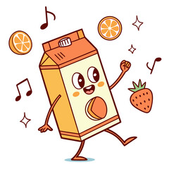 Dancing orange juice box with fruits and music notes, isolated on white background