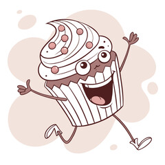 Running cupcake with a happy face and sprinkles, isolated on white background