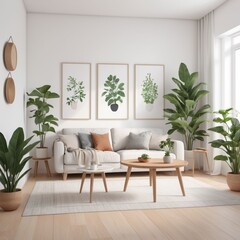 Serene living room with lush greenery, modern decor, and natural light creating a tranquil, inviting atmosphere for relaxation and lifestyle design