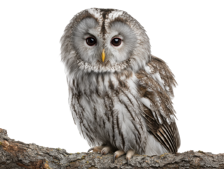 Captivating owl portrait on branch animal view isolated on transparent background, png