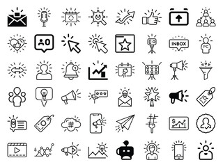 Digital Marketing and Communication Icon Set – Line Style Vector Pack Featuring Social Media, Email, Engagement, Analytics, SEO, and Content Marketing Elements for Web Design and Business Strategy