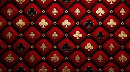 Naklejka premium Luxurious Pattern of Red Cushions with Gold and Black Club Symbols