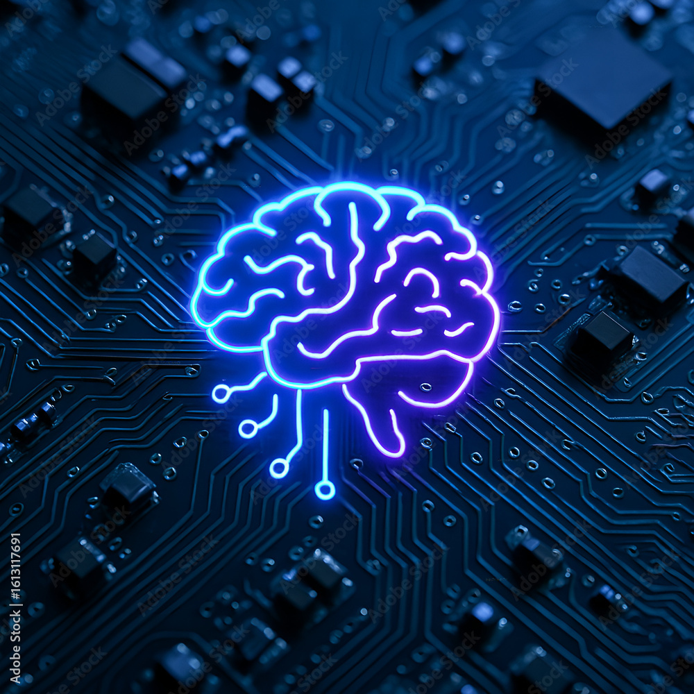 Poster glowing outline brain on a circuit board for artificial intelligence concept