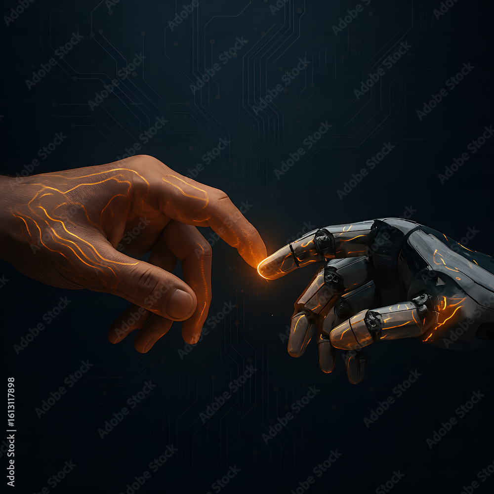 Poster conceptual human and robot hand connection touching artificial intelligence illustration