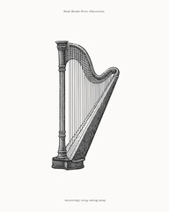 Classical harp musical instrument standing upright. Hand drawn illustration in engraving style. Classical music and orchestra concept. Design for print, card, invitation, poster, banner.