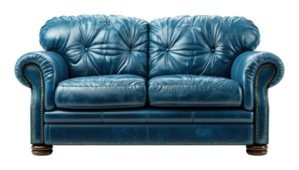 Elegant blue leather couch in modern living room stylish furniture interior design isolated on transparent background, png