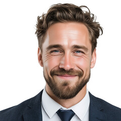 Close up portrait of a smiling man with a beard wearing a suit and tie isolated on transparent background