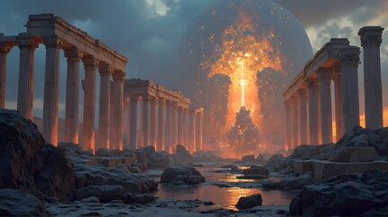 Ancient ruins stand silhouetted against a fiery, volcanic eruption.