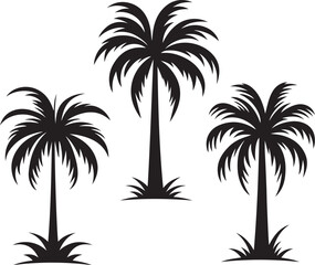 Palm tree silhouettes on a tropical summer landscape with beach and nature elements
