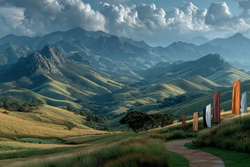 Fototapeta premium A beautiful landscape of rolling hills adorned with flags and colorful banners.
