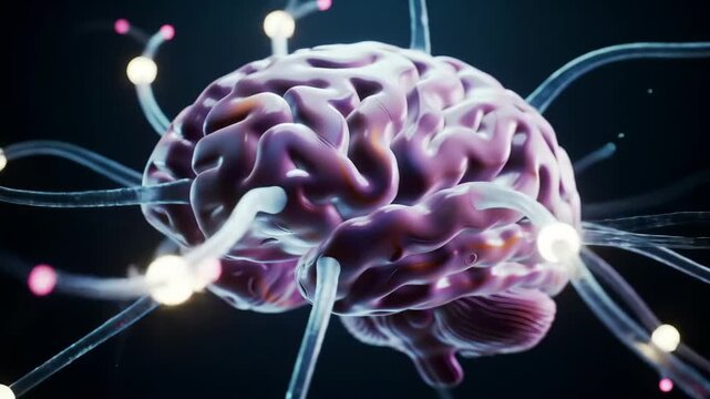 Glowing neural brain, luminous tendrils slowly pulse and writhe in ethereal darkness