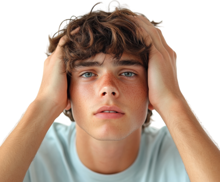 Emotional young man expressing stress portrait isolated on transparent background, png