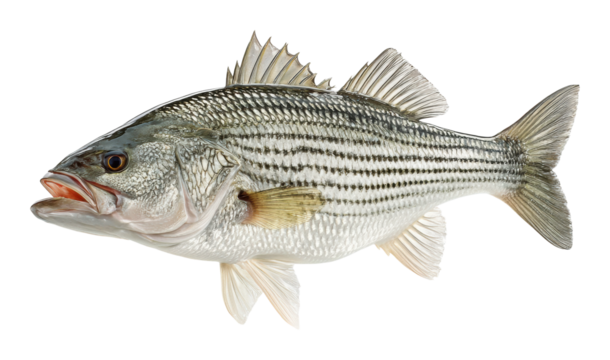 Fishing action striped bass catch in freshwater lake wildlife nature isolated on transparent background, png