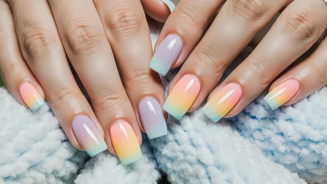 Gradient pastel nail art design on woman's hands with square shaped nails manicure