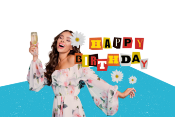 Creative trend collage of happy birthday happy attractive lovely female dress drinking alcohol bloom flowers have fun enjoy party