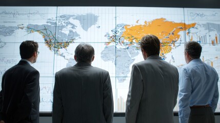 Businessmen Analyzing Global Data on Large Digital World Map Display