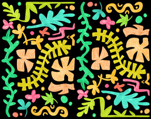Colorful abstract pattern. Neon color. Watercolor drawing, hand-drawn, isolated on a black background.