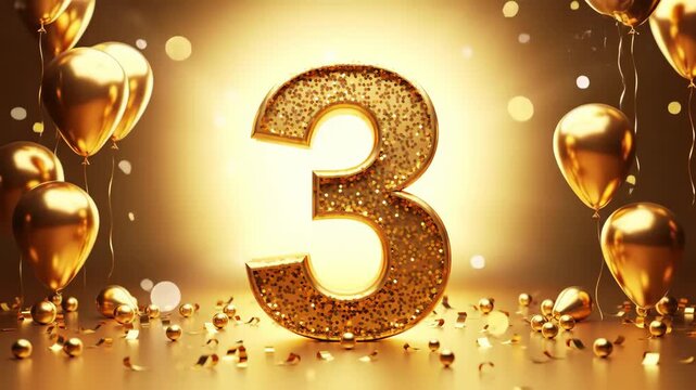 Flawlessly golden number 3 with floating balloons, pulsing glow, drifting sparkles and celebratory motion