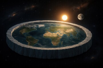 Earth Flat Model with Sun and Moon in Space Artistic Illustration