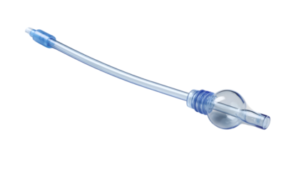 A clear plastic tube with blue connectors and a bulb shaped end against a black background image view