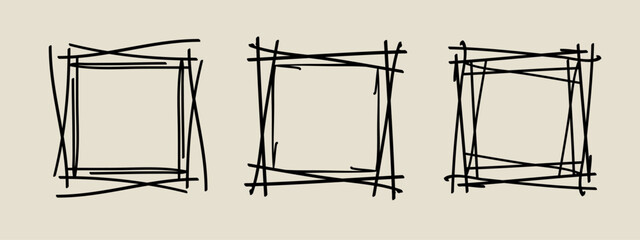 Frame stamp set, vector hand drawn curved borders, abstract sketchy empty wavy grunge doodle  monograms cadres kit. Minimalist squiggle scribble design elements. Isolated. Vector illustration.