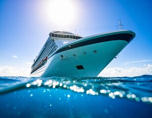 Close up of cruise ship on the sea, view from below the water 