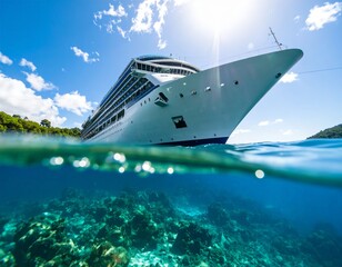 Close up of cruise ship on the sea, view from below the water 