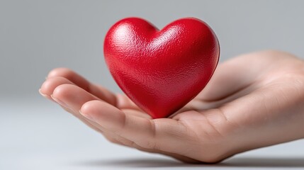 Fototapeta premium Realistic 3D red heart floating above open human hand, white background, clean minimal style, symbol of protection and care