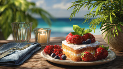 Delightful coastal patio scene featuring birthday cake topped with fresh strawberries and blueberries, surrounded by vibrant greenery and serene