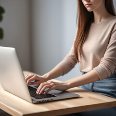 Fototapeta premium Modern Home Office Scene with Young Woman on Laptop