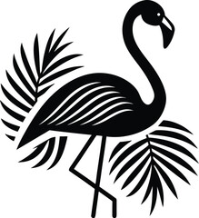 Flamingo Silhouette with Palm Leaves Black & White Tropical Illustration Featuring Standing Bird & Botanical Accents