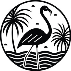 Tropical Flamingo Circle Illustration Black & White Stylized Vector with Palm Trees, Clouds & Water Ripples
