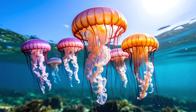 Vibrant jellyfish swim in clear ocean water above a coral reef