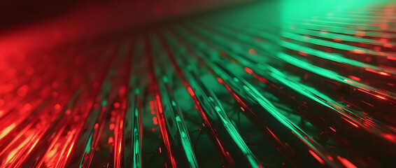 Fond fractal technologique rouge et vert de Noël — Effet néon, lignes abstraites et bokeh moderne avec prisme géométrique en design inspiré de Noël
