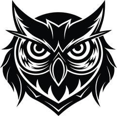 Stylized Owl Face Vector Black & White Wildlife Illustration with Intense Eyes, Angular Feathers & Tribal Flair