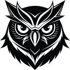 Owl Head Vector Illustration Fierce Black & White Bird Portrait with Intense Eyes, Stylized Feathers & Symbolic Wisdom
