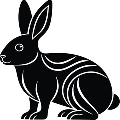 Stylized Sitting Rabbit Silhouette Black & White Bunny Vector with Upright Ears, Fluffy Tail & Highlighted Contours