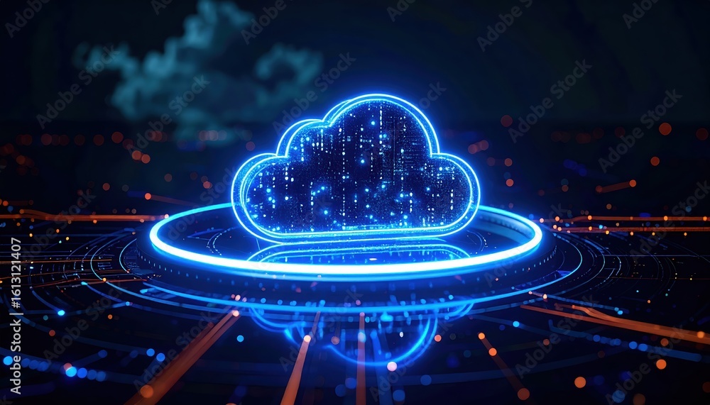 Poster futuristic glowing digital cloud icon representing cloud computing and data storage technology with 
