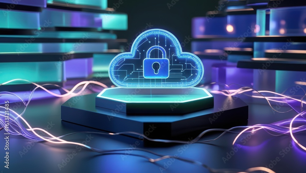 Poster advanced digital cloud security concept with glowing lock symbol on futuristic server room backgroun
