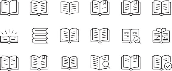 Book line icon set. Vector symbols for reading, education, and knowledge. Minimalist pictogram collection for library and literature concepts.