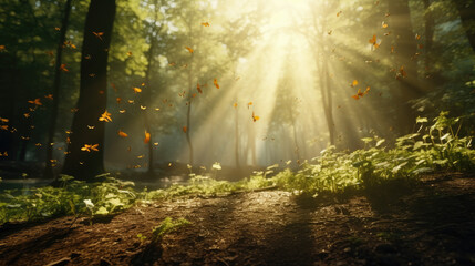 Fototapeta premium Bright Nature Landscape with Sunlight, Forest, and Misty Morning Atmosphere