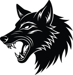 Fierce Wolf Head Vector Stylized Black & White Wild Animal Profile with Bared Teeth & Detailed Fur